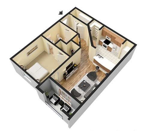Floor plan for 1 bed, 1 bath, 757 sqft